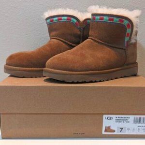 UGG Rosamaria Embroidery Border Suede Sheepskin Boots, US 7/ EUR 38